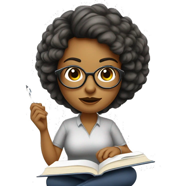 Mulher psicologa de sueter usando oculos anotando no caderno emoji