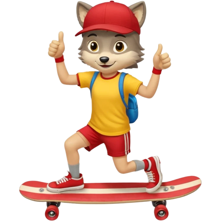 A gray wolf with large, expressive eyes and a friendly smile. The gray wolf is wearing a bright yellow T-shirt, red shorts, white knee socks, and sneakers. The baseball cap is worn backwards. The wolf holds a skateboard in one hand and gives a thumbs-up with the other, a confident and cheerful pose. emoji