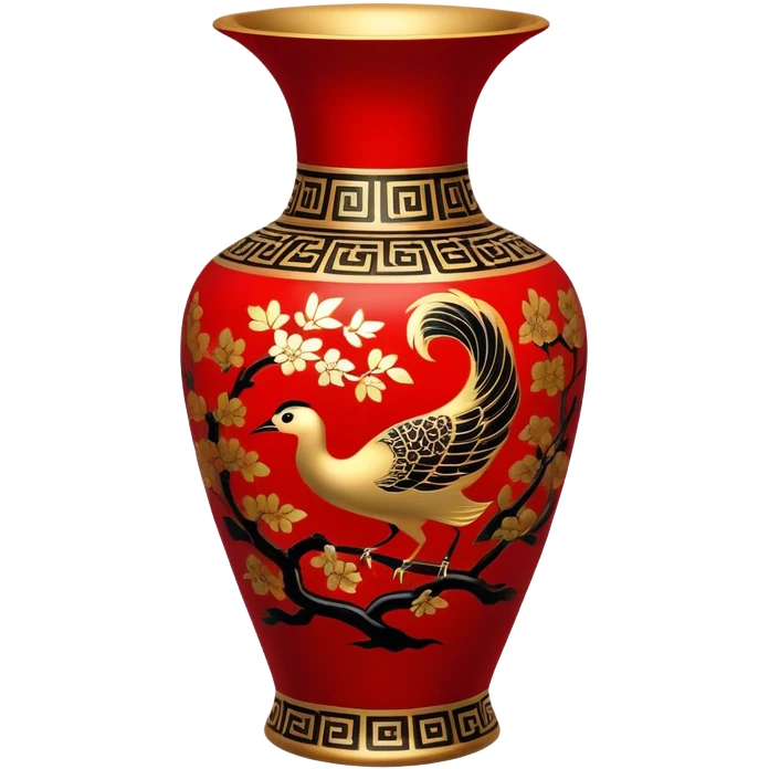 Chinese metal painting icon, intricate hand-painted Chinese patterns on metal vase, painting with a brush process, vibrant colors like red, gold, and black, delicate brushstrokes, visible fine paintbrush and metal surface, minimalistic style, clean lines, transparent background. emoji