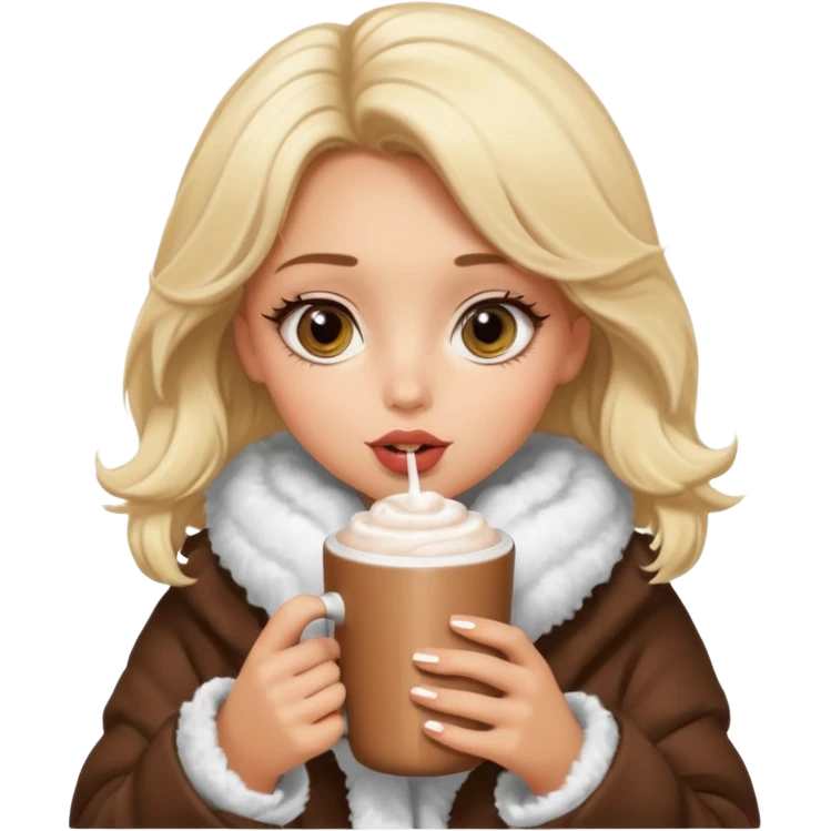 Tanned Girl with lashes , blonde hair, in an extremely big fluffy oversized coat and hold hot chocolate drink and big eyes, big lip emoji