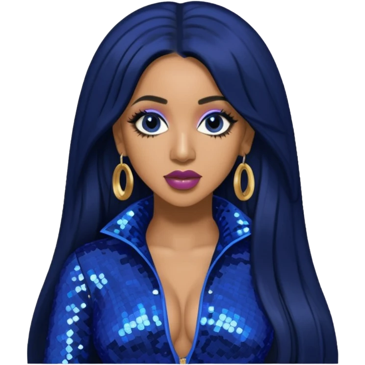 Cardi B with long jet black hair, indigo sequin outfit emoji