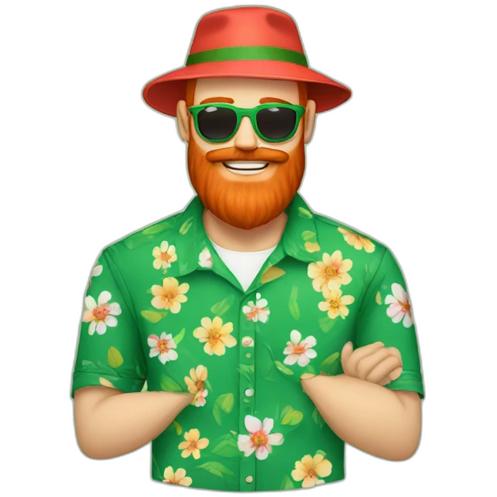 bright red beard wearing a floral shirt and wearing green sunglasses and a bucket hat giving someone a hug emoji