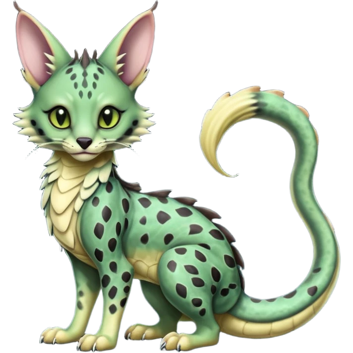 Realistic cool badass swampy greenish dark edgy spooky Flurry furry scary slimy oily glossy wet gloomy dusky scaly sergal-serval-possum-sphynx-Koi-sergal-fusion-animal-hybrid-creature with a snake-tail emoji