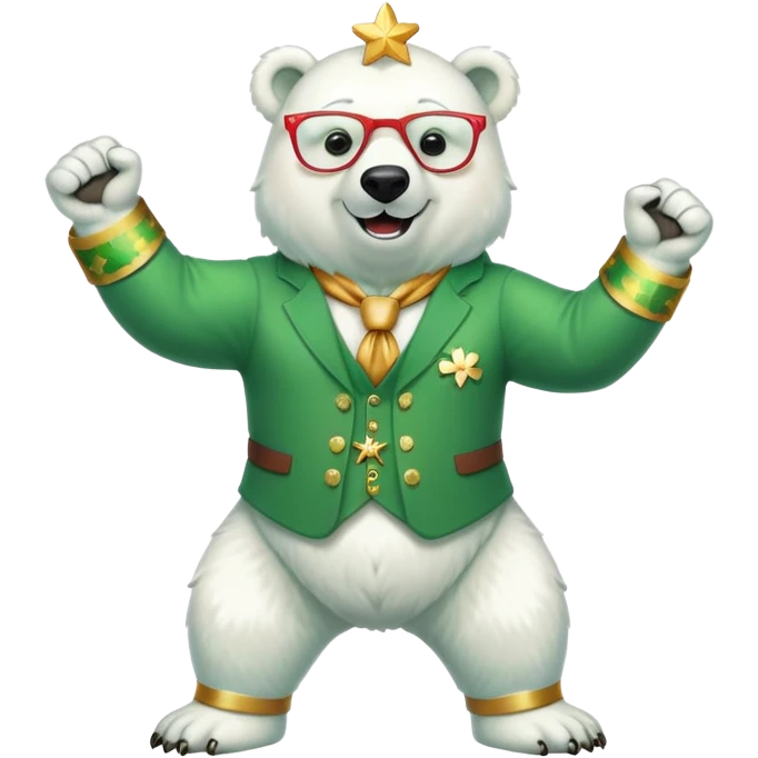 full body friendly anthropomorphised polar bear smiling, wearing large multicolored star-shaped glasses and festive St. Patrick's Day outfit, raising a fist in celebration emoji