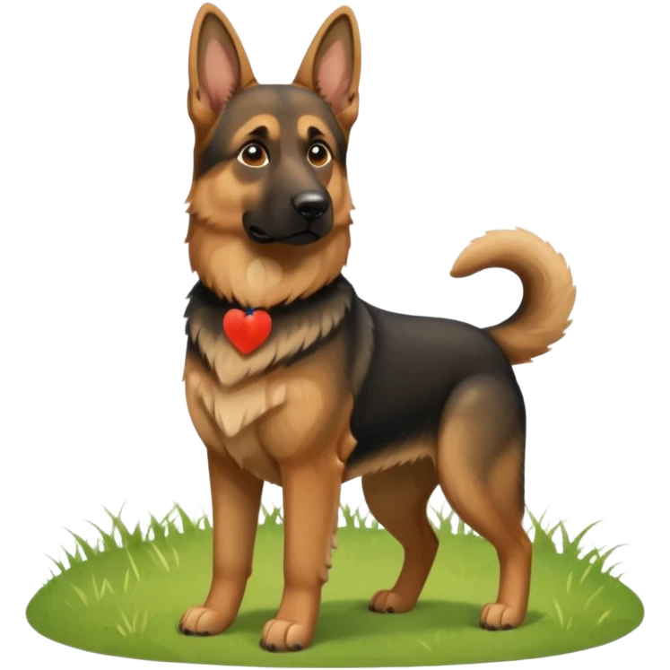 A German Shepherd standing alert on a grassy hill, looking into the distance with its ears perked. Realistic outdoor lighting, strong and intelligent expression, professional pet photography. emoji