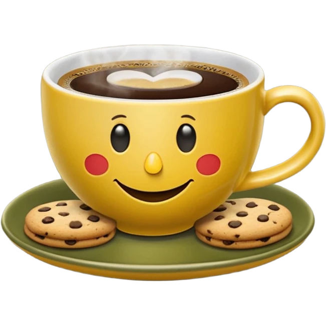 A cup of coffee, steaming, the smoke is heart-shaped, the cup is mustard yellow, the cup has a happy face printed on it, the cup sits on an olive green saucer, and there are cookies around the cup. emoji