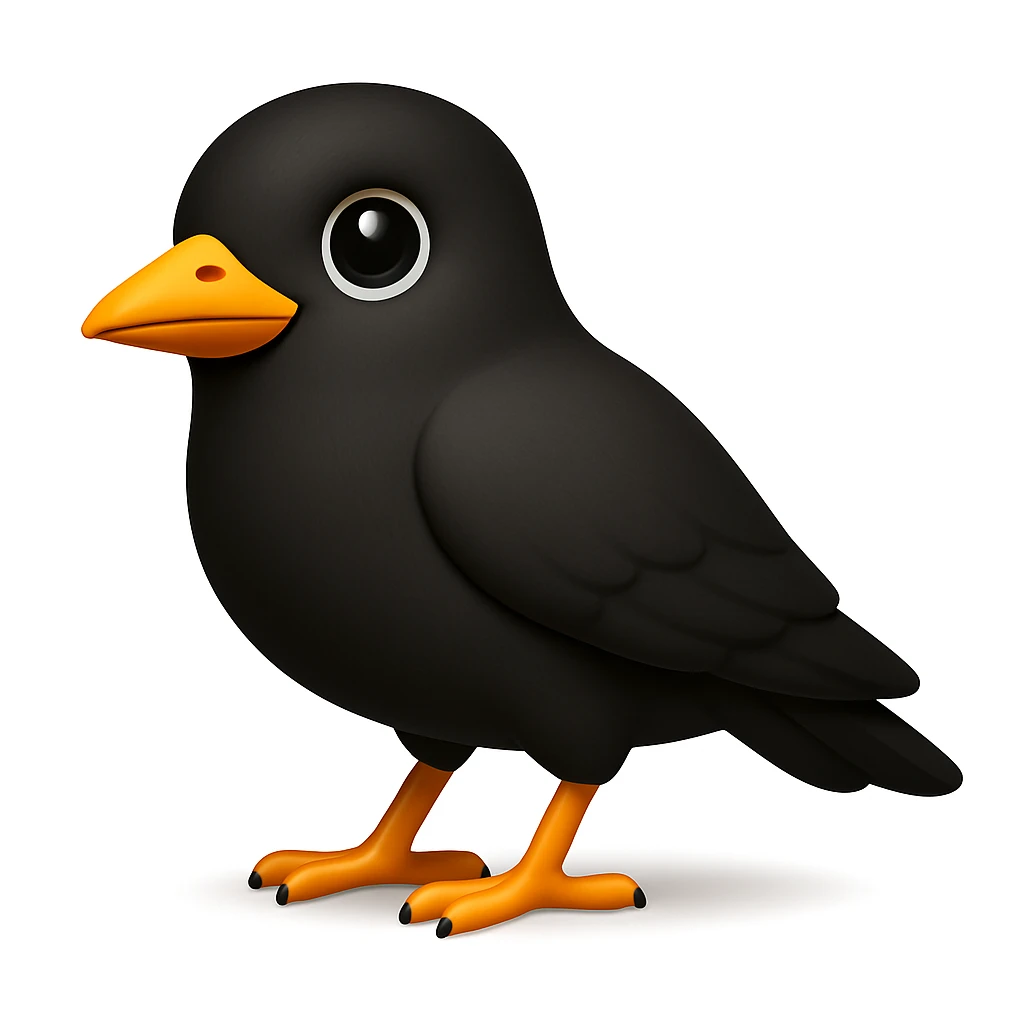 Keep the bird face exactly like the reference image but show the whole body in iOS emoji style. Same face, color, and expression, smooth and shiny, standing bird pose. Add a soft shadow under the bird. emoji