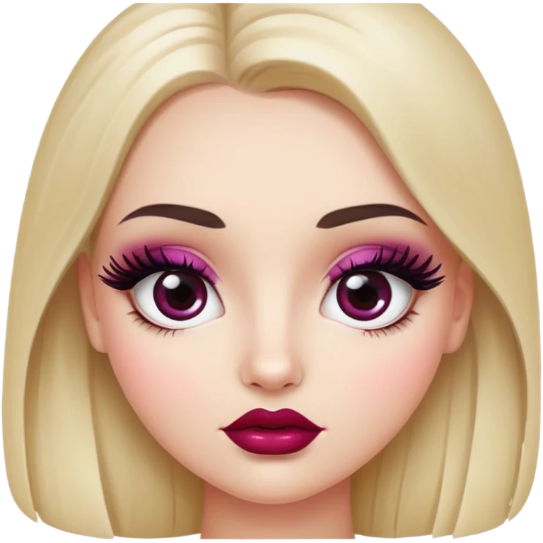 White girl with oval face, huge round black eyes, big eyelashes, berry colored lips, shiny full lips, face closeup, long straight middle-parted hair emoji