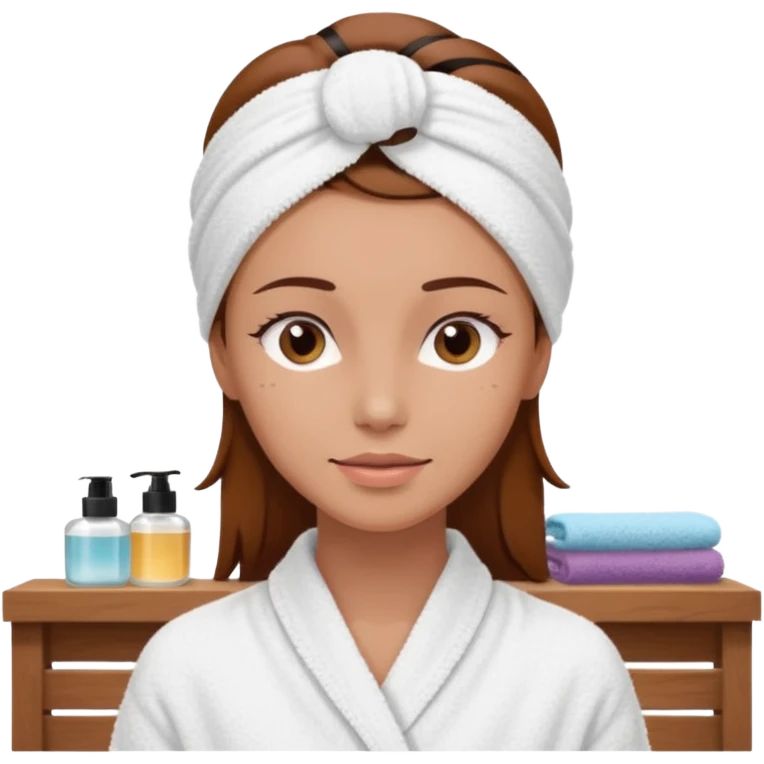 rosto de uma mulher com uma faixa de toalha no cabelo de cor todo castanho como se estivesse no spa, sem o pescoço, somente o rosto emoji