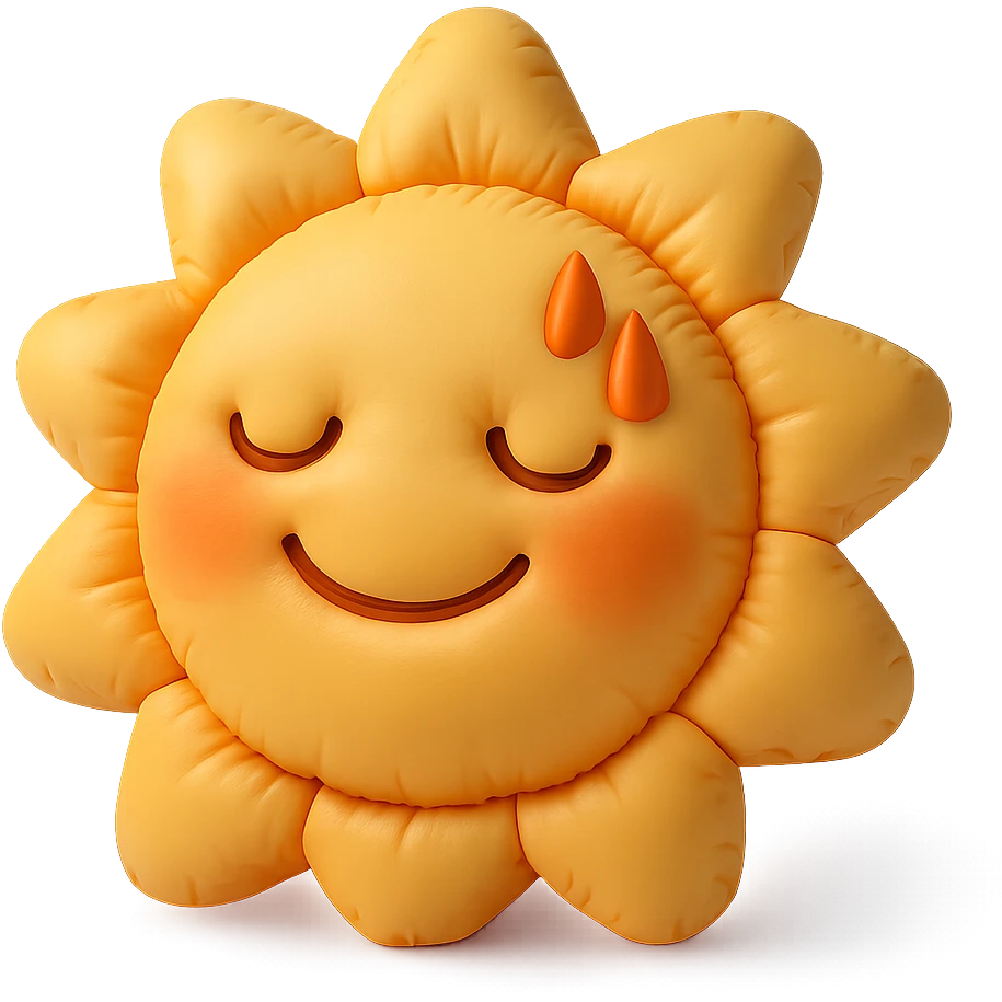 plush face with sweat and sun, hot weather, warm colors, soft cushion style emoji