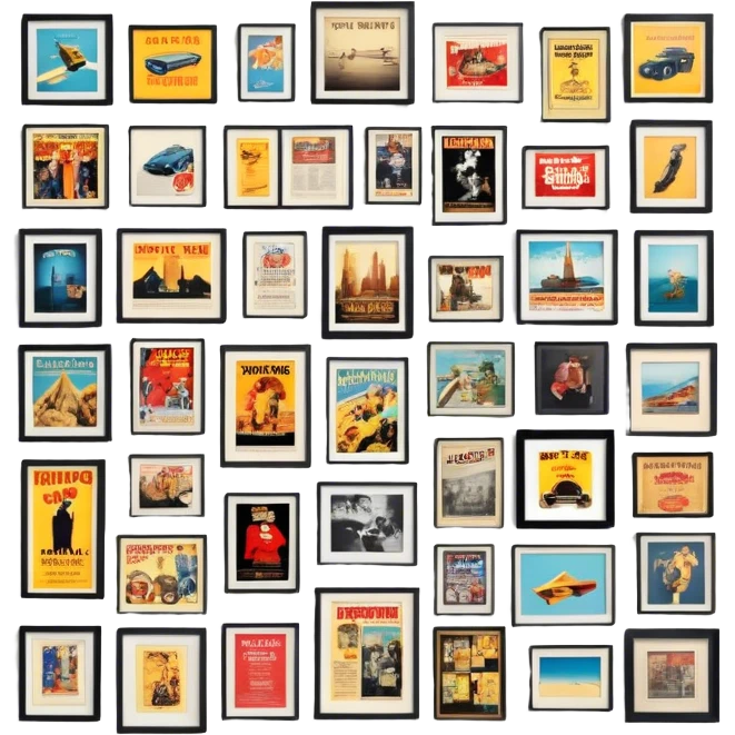 Icon for Photograph and Poster Collecting: a collection of photographs and movie posters, neatly displayed on a wall or in frames. The icon should evoke the nostalgia and artistic value of collecting rare images and posters. Transparent background. emoji