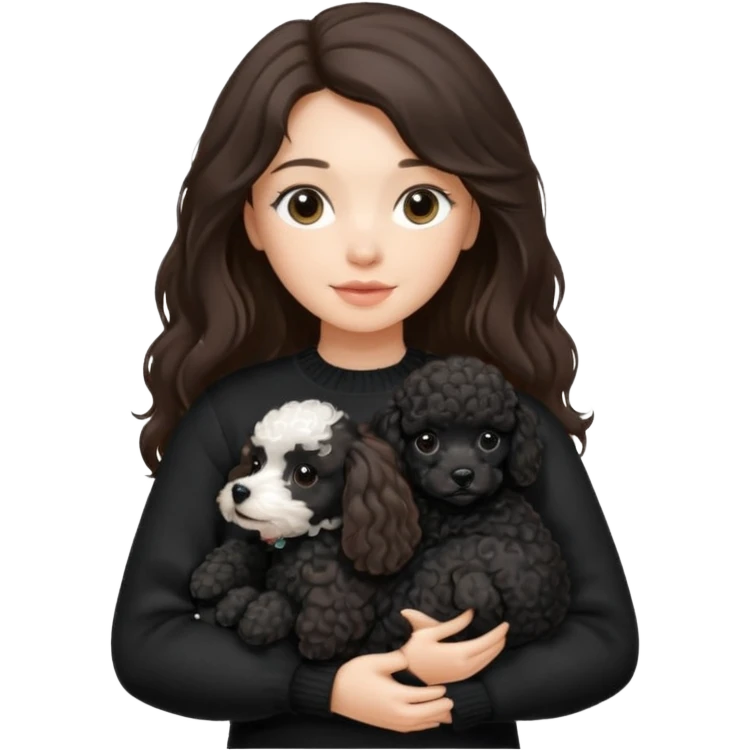One Brunette girl with long hair in a black sweater holds a single black Poodle puppy in her arms emoji