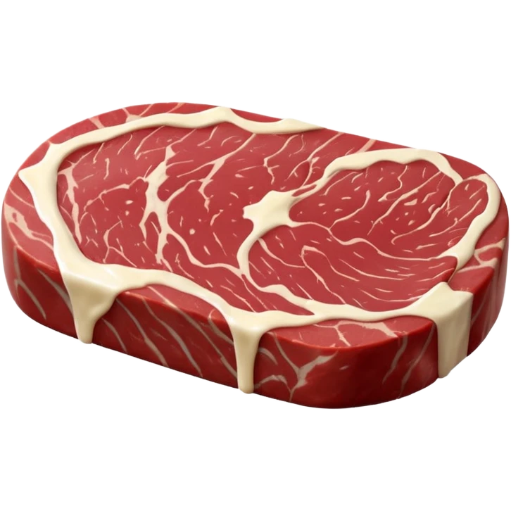 raw rump steak cut, thick oval shape, deep red muscle tone, fine-grained texture, light marbling, thin edge creamy white fat, smooth moist freshly sliced surface, no plate or garnish, transparent background, soft lighting, subtle shadows, emoji scale emoji