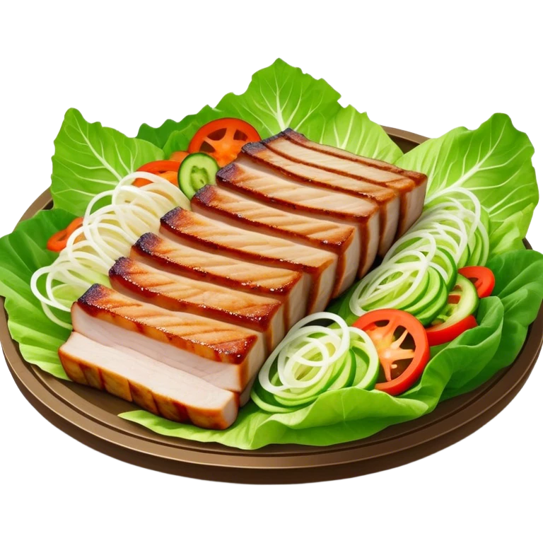Samgyeopsal Cinematic Realistic Samgyeopsal Dish Emoji, depicted as slices of grilled pork belly served in crisp lettuce leaves with assorted fresh vegetables, rendered with dynamic textures and appetizing, natural lighting. emoji