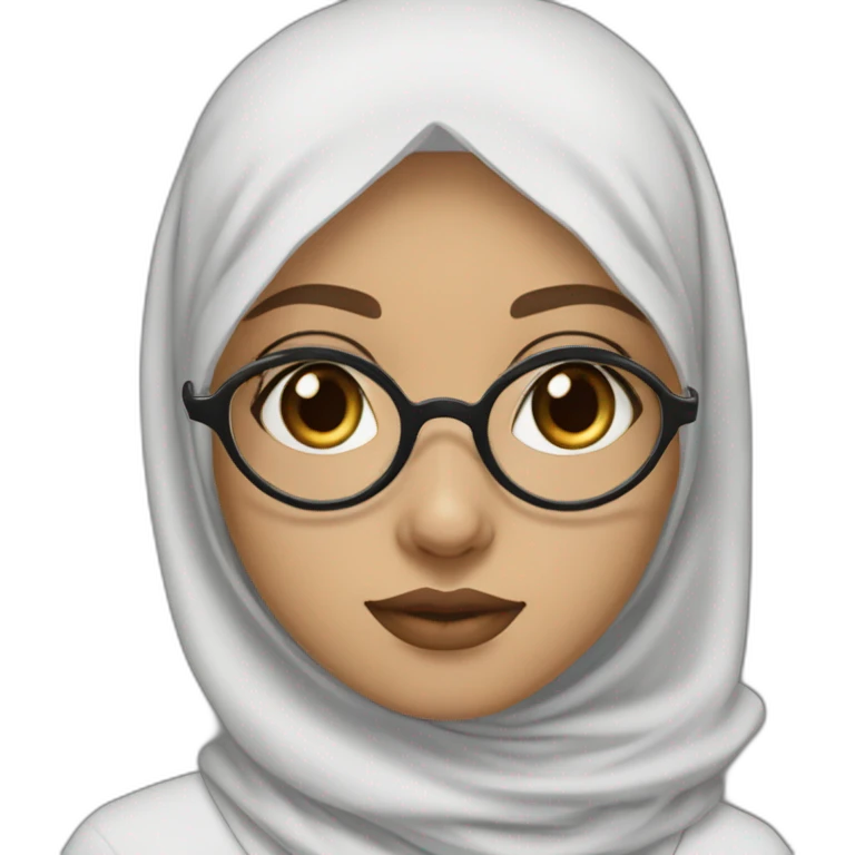Hijab black color white fair skin girl brown eyes wearing round circular metal glasses, no make up, big cheeks, almond eyes, small lips, triangle nose emoji