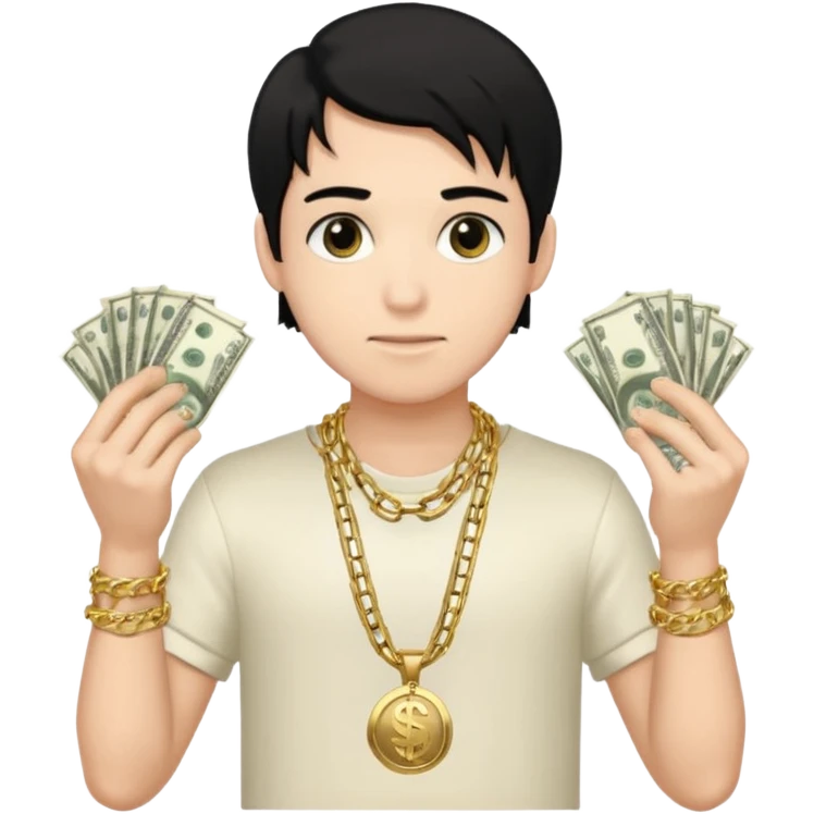 Has un chico con mucha plata en sus manos y en su alrededor, Con una chain que diga "JovenBallin" y que tenga pelo negro y sea piel blanca emoji