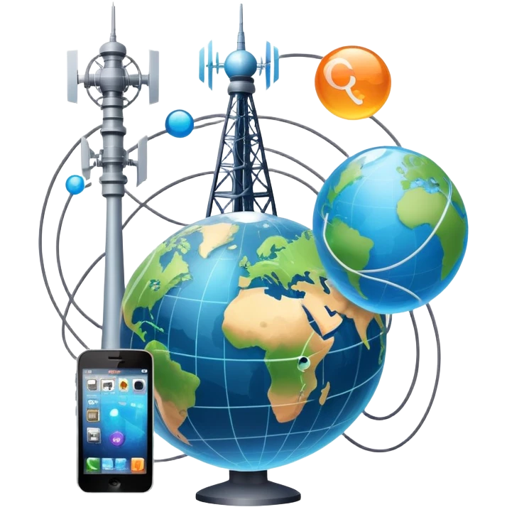 An icon featuring a communication tower with signal waves, satellites in orbit, and fiber optic cables. The design includes a smartphone, message bubbles, and a globe with connection lines, symbolizing global communication networks. Transparent background  emoji