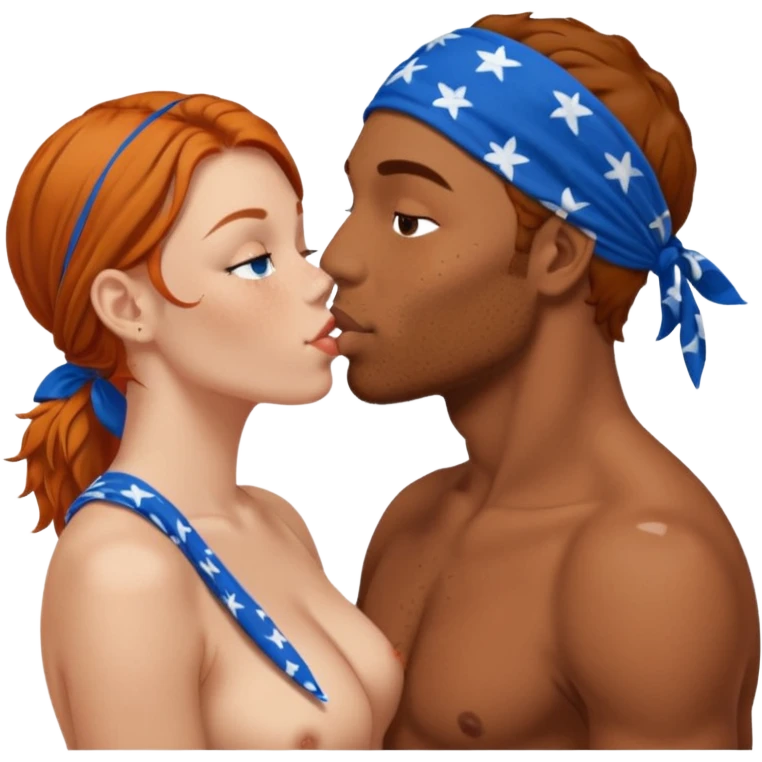 Two people naked kissing, brown man with bandana, white girl ginger hair emoji