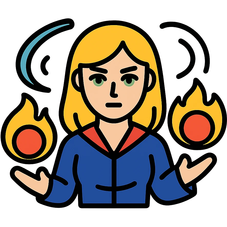 blonde woman with green eyes casting fireballs with magical energy swirling around her, color outline icon style emoji