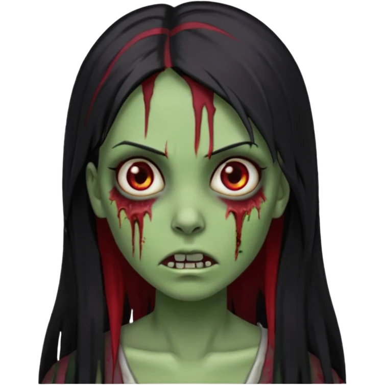 Garota zumbi com cabelo todo preto liso, longo e mechas vermelhas na lateral da cabeça dos dois lados. Olhos castanhos escuros, pele esverdeada como se estivesse podre e vários ferimentos  emoji
