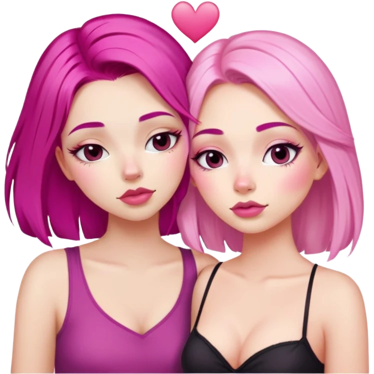 gorgeous pale girl with magenta pink hair latina makeup next to a gorgeous blonde girl with a light pink heart above them in between eyes closed making duck lips faces emoji