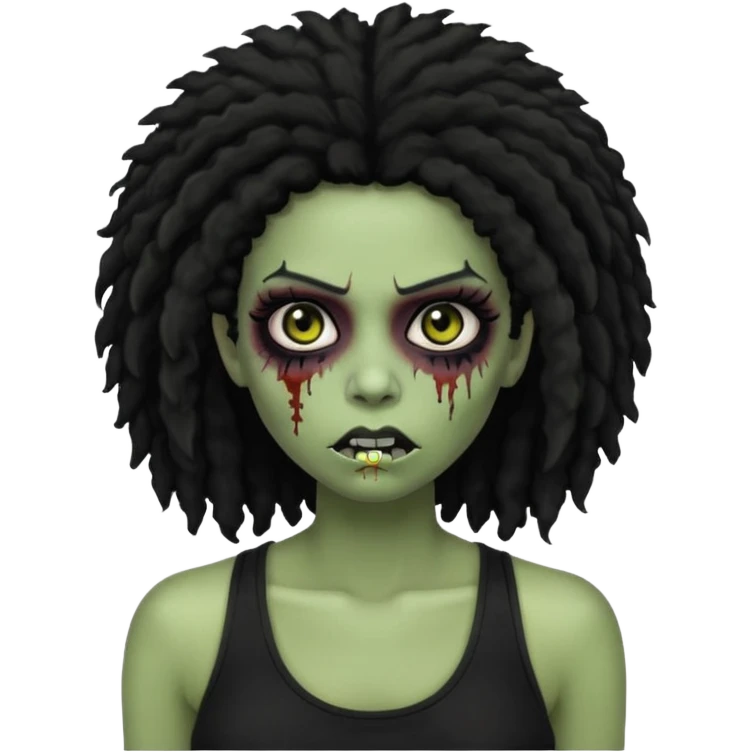 a female zombie with sage green skin, black long afro hair, eyelashes and a black tank top in apple emoji style emoji
