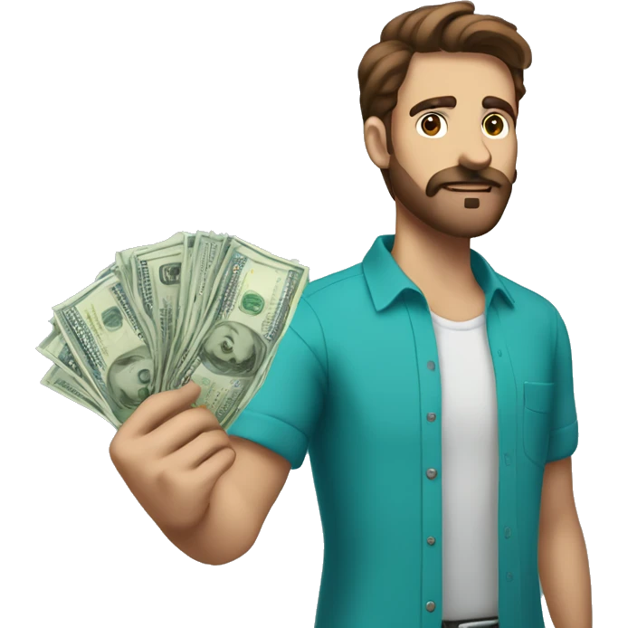 a guy in a teal blue shirt, brown hair, normal beard, brown eyes, normal moustache, and is holding money emoji