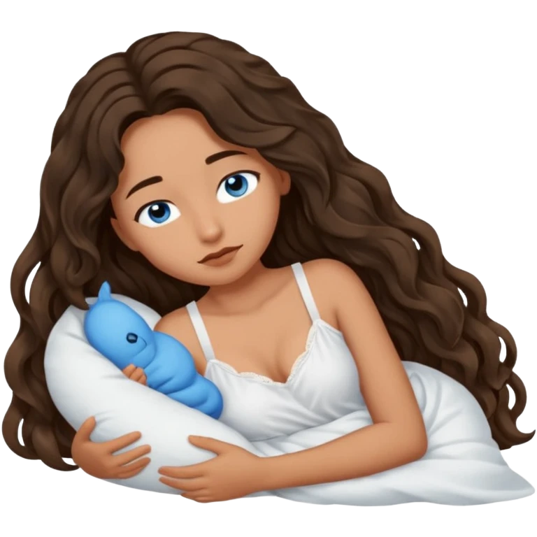 Girl with olive skin, blue eyes, brown dark insanely wavy long hair, white camisole asleep  emoji