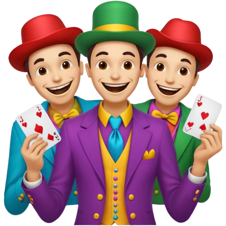 3 poker cards, with crazy colorful human jolly jokers inside, face and torso only emoji