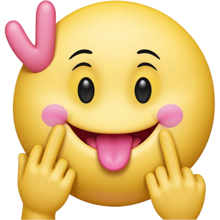 The image is a digital illustration of a yellow smiley face with big, round eyes and a big smile. The face is holding a pink tongue sticking out and making a 67 with its fingers. Above the face, The background is white. emoji