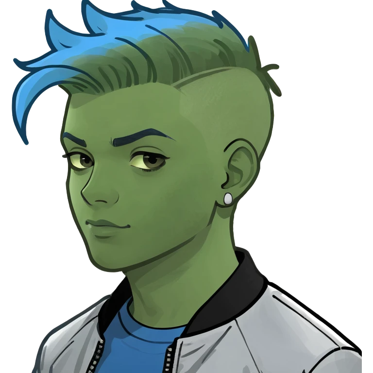 Young adult male wearing a blue flashy pants blue t shirt silver bomber jacket blue undercut haircut emoji