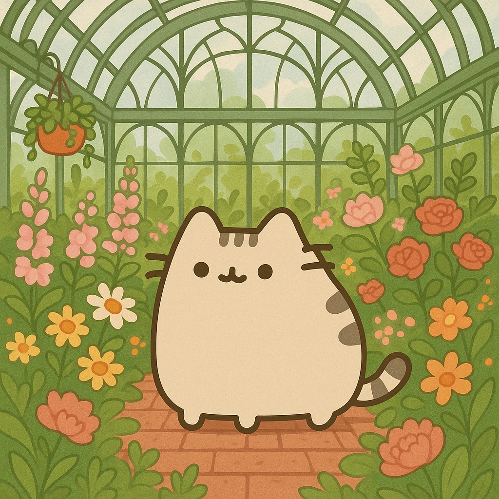 beige pusheen-style kitten in a botanical garden greenhouse filled with flowers emoji