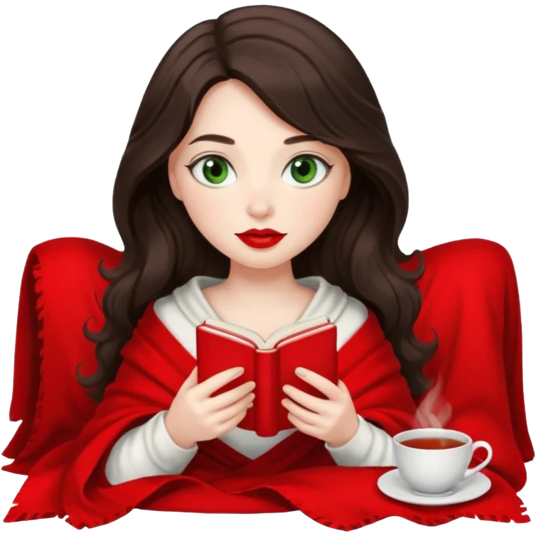 Long wavy dark brown haired, white skinned, dark green eyed girl with red lipstick wrapped in a red and white blanket, sipping tea and reading a book emoji