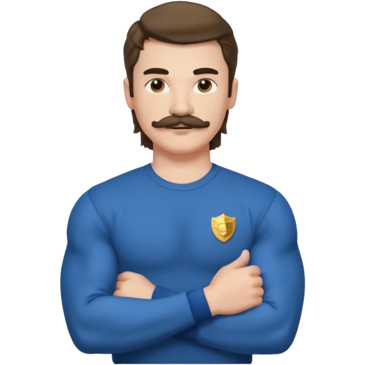 generate an ios genmoji of a 20 year old boy with shoulder length hair and a mullet. cop mustache. BIG biceps and wearing a full sleeve tshirt that fits his biceps emoji