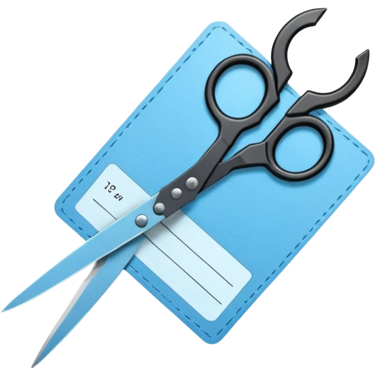 Floating black Scissors cutting a light blue military ID card in 2 parts .hyper realistic emoji