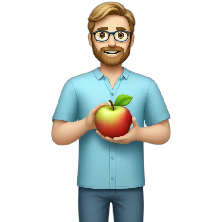 A male nutritionist with a full beard and dark blonde hair and white skin, with glasses, holding an apple in his hand. Who has a light blue shirt on emoji