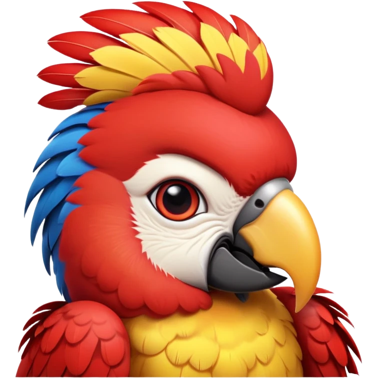 cinematic-cute-macaw-portrait-emoji,-head-tilted-playfully-and-inquisitively,-with-a-dazzling-red-plumage-and-round,-sparkling-eyes-filled-with-charm,-simplified-yet-irresistibly-adorable-features,-highly-detailed, white beak emoji
