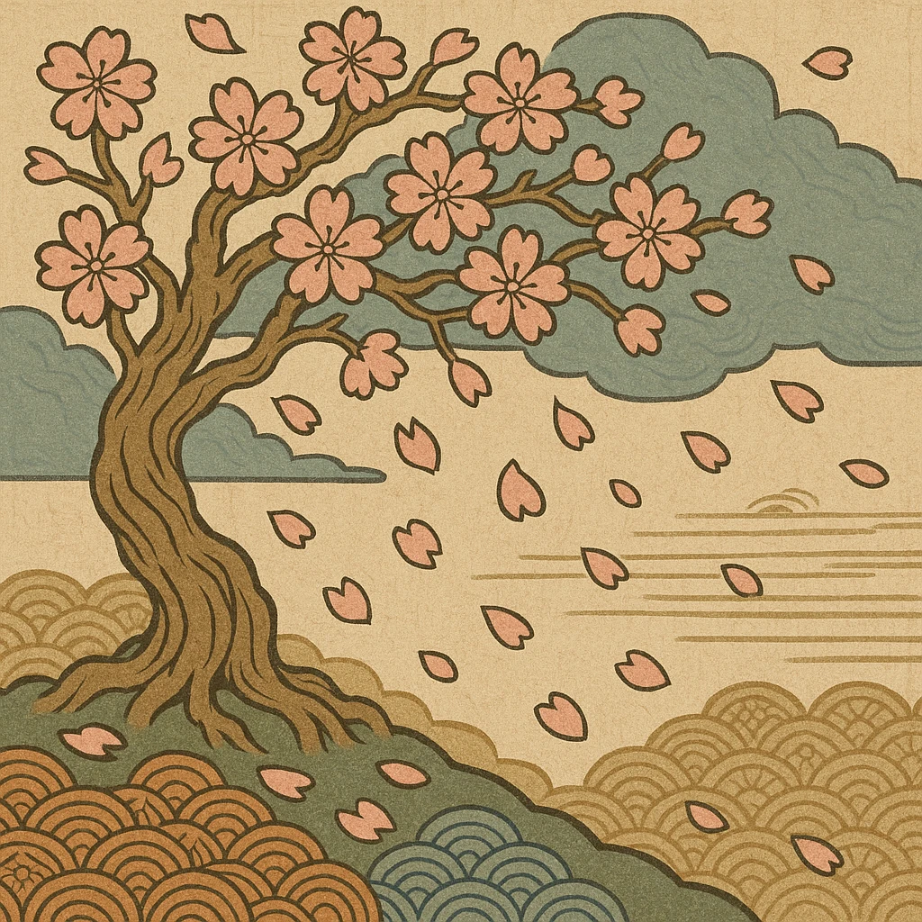 cherry blossom tree with petals falling, ukiyo-e style illustration emoji