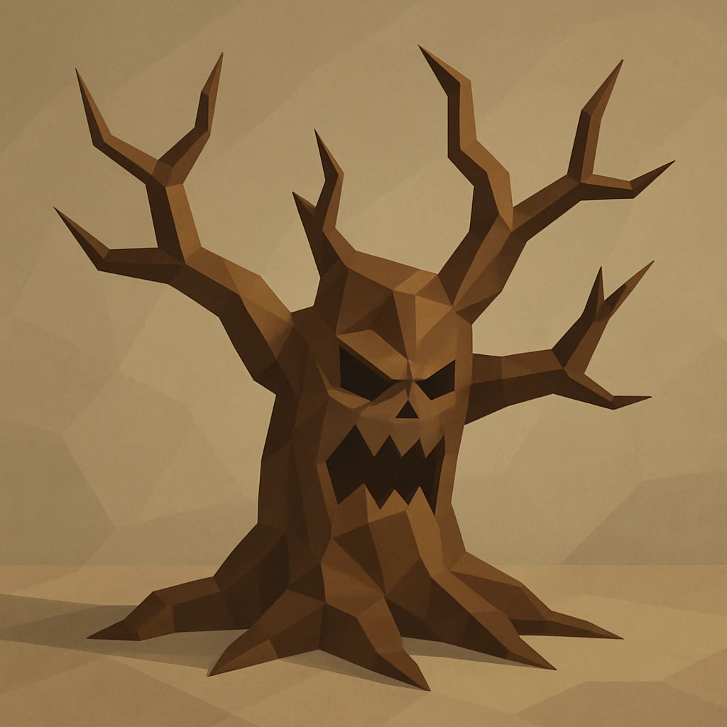 blocky brown scary tree with 4 branches, no leaves, stylized illustration, a bit blocky but not pixel art emoji
