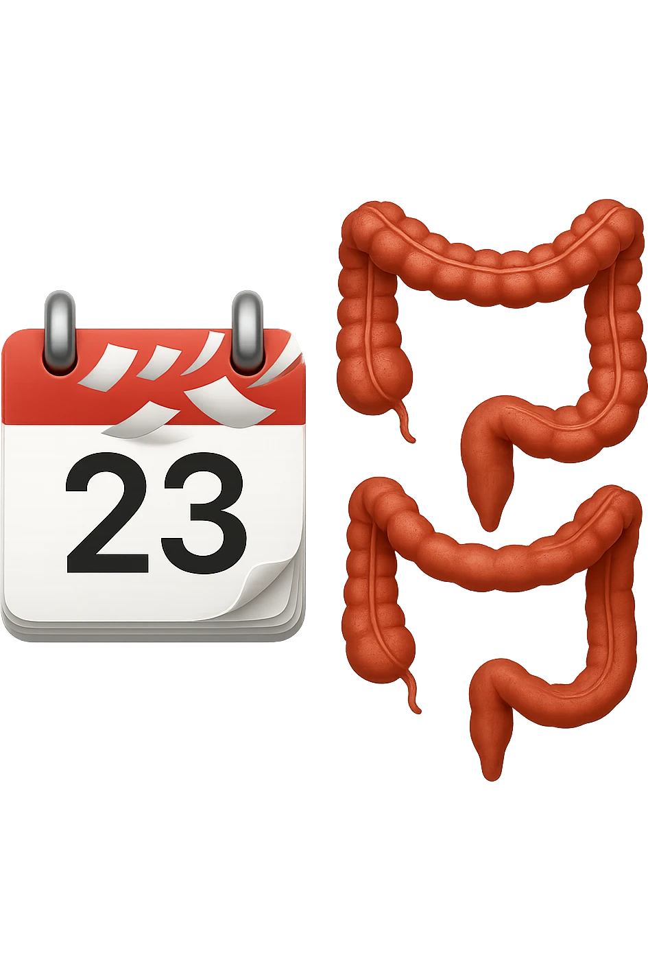 emoji stile iphone di un calendario con fogli che volano insieme a pezzi anatomici di colon umano, iperrealistico 4k, isolato su sfondo bianco emoji