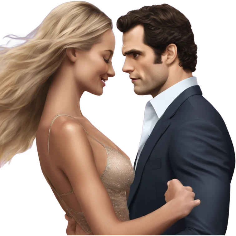 realistic photo of Henry Cavill close dancing with a beautiful  victoria secret model  emoji