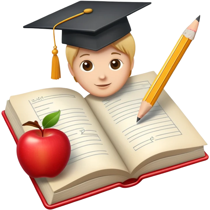 An icon featuring an open book, a chalkboard with lesson plans, and a pencil, symbolizing education and pedagogy. The design includes an apple and a graduation cap, representing teaching and learning. Transparent background highlights the growth and development in education. emoji