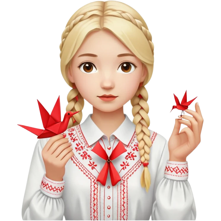 Ukrainian young girl with blonde braided hair wearing a white traditional embroidered shirt (vyshyvanka) holding a red origami paper crane in her hands emoji