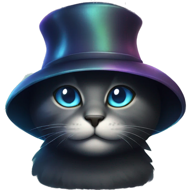 Dark iridescent cat glowing wearing a hat emoji
