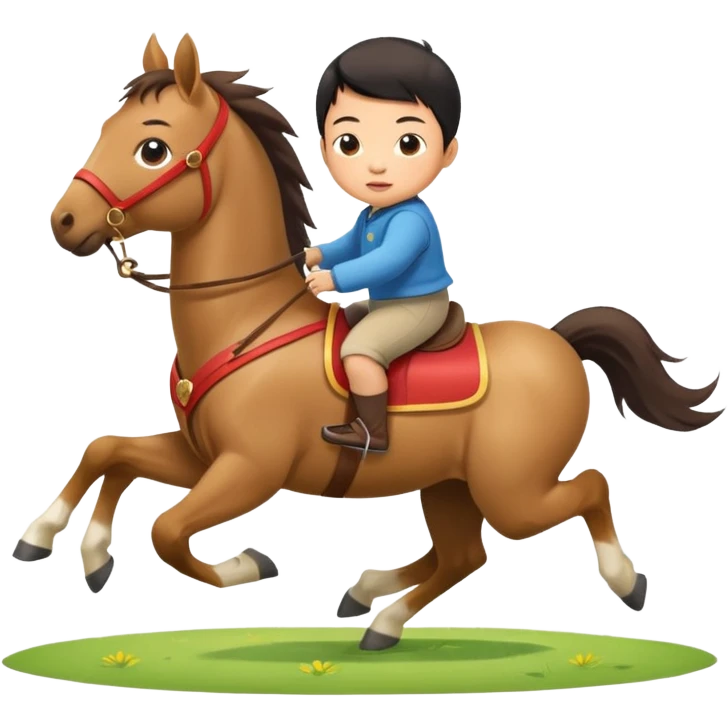 l little chinese baby riding on a  cute horse running really fast on the grass with 2026 year's label emoji