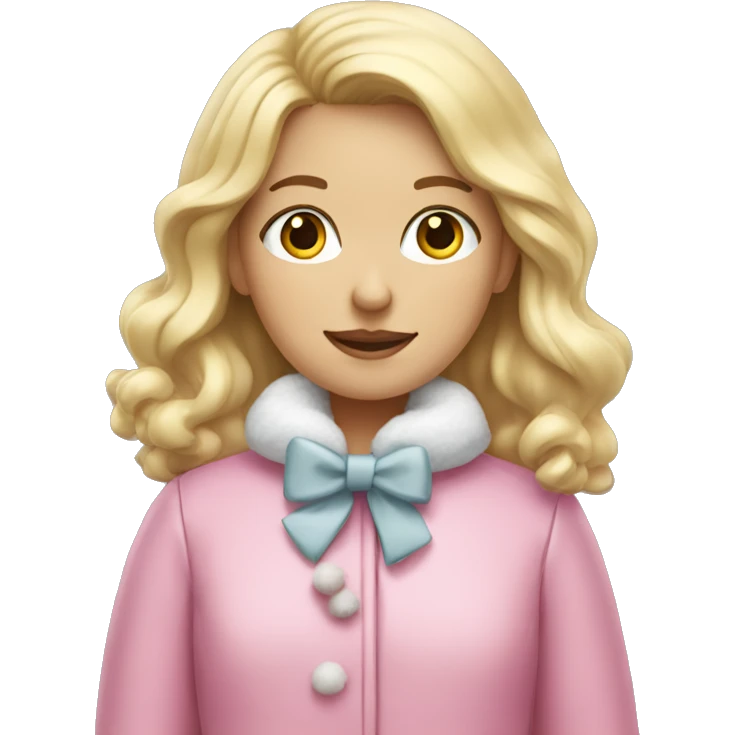 A blonde girl with a pink winter coat, white mittens, and a bow  emoji