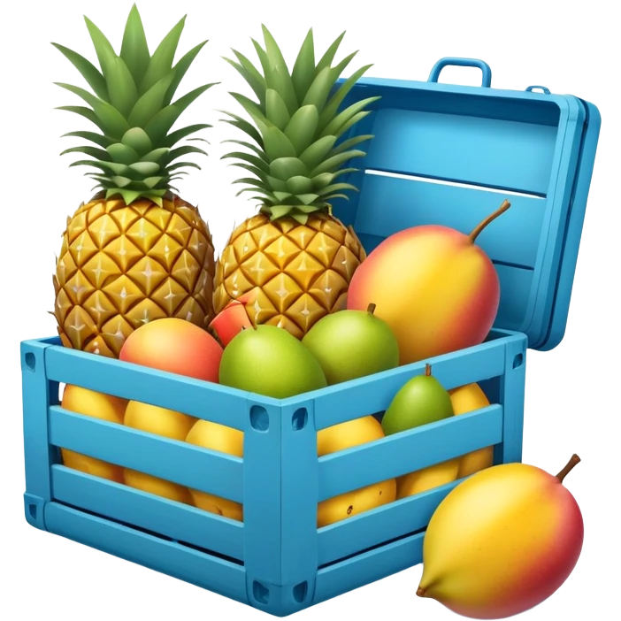 pineapples, mango and passion fruit in a blue crate emoji