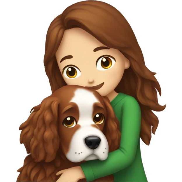 Brunette white girl hugging an irish setter dog emoji