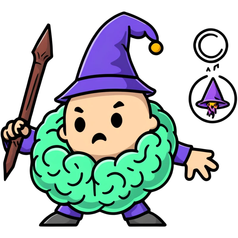 wizard battling a brain with magic emoji