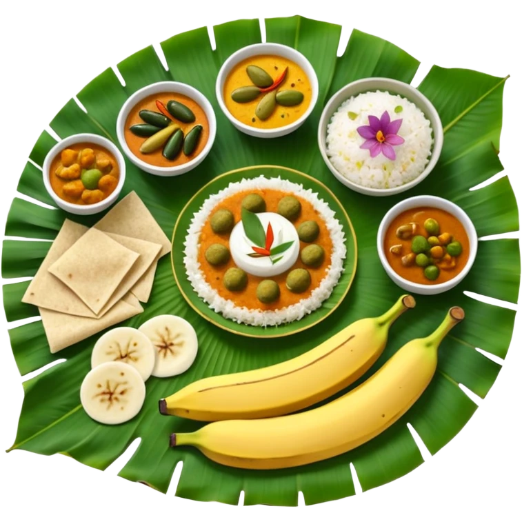 Kerala Sadhya traditional South Indian feast served on a banana leaf with rice, curries, pickles, papadam, and payasam, vibrant and festive, top-down view emoji